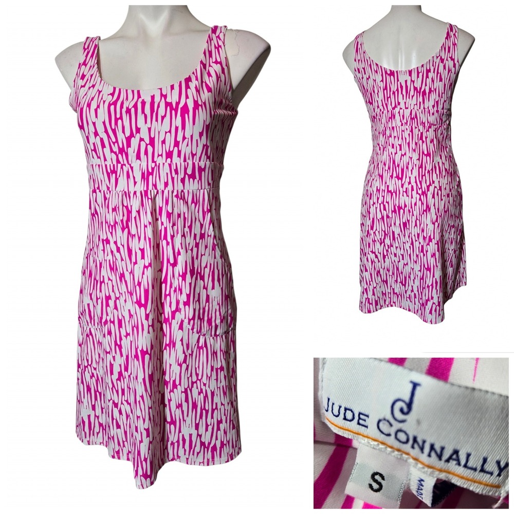 Jude Connally Pink White Abstract Print Sleeveless Empire Waist Pocket Dress S